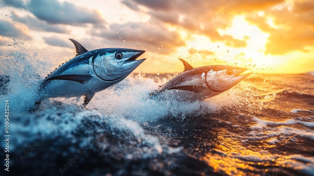 Fototapeta premium Two tuna leaping from ocean waves at sunset.