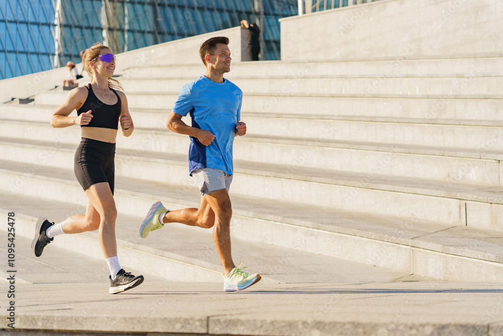 Fototapeta premium Athletes jog together on outdoor steps in a sunny urban environment during morning exercise