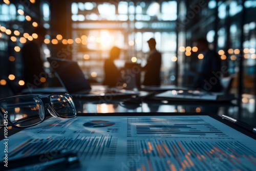 Wallpaper Mural A busy office setting with charts and data on a table, surrounded by silhouettes of colleagues discussing in the background, symbolizing teamwork and analysis. Torontodigital.ca