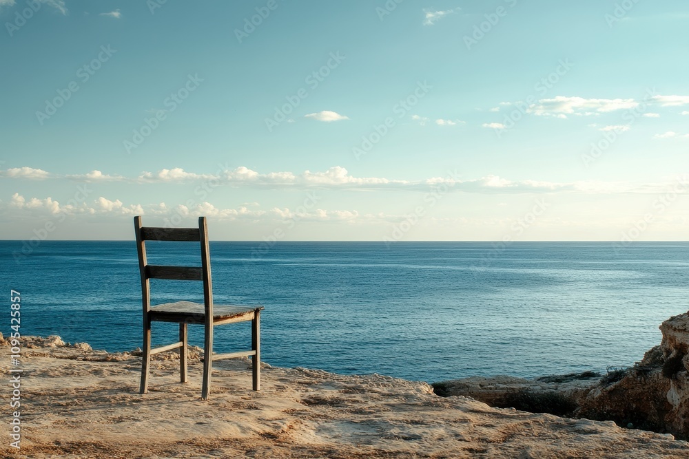Empty chair overlooks calm ocean waters at sunset, creating a serene and contemplative atmosphere Empty chair overlooks calm ocean waters at sunset, creating a serene and contemplative atmosphere