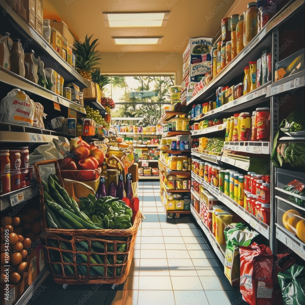 Grocery Store Interior: A Sunlit Aisles of Fresh Produce and Canned Goods Grocery Store Interior: A Sunlit Aisles of Fresh Produce and Canned Goods
