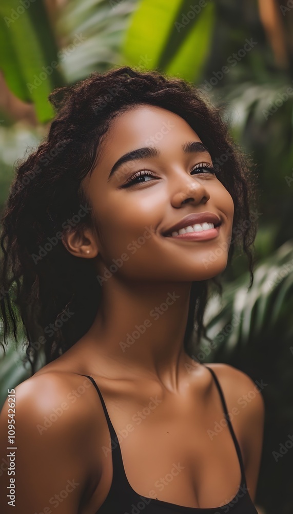 A confident young woman smiles gently showing her nature A confident young woman smiles gently showing her nature