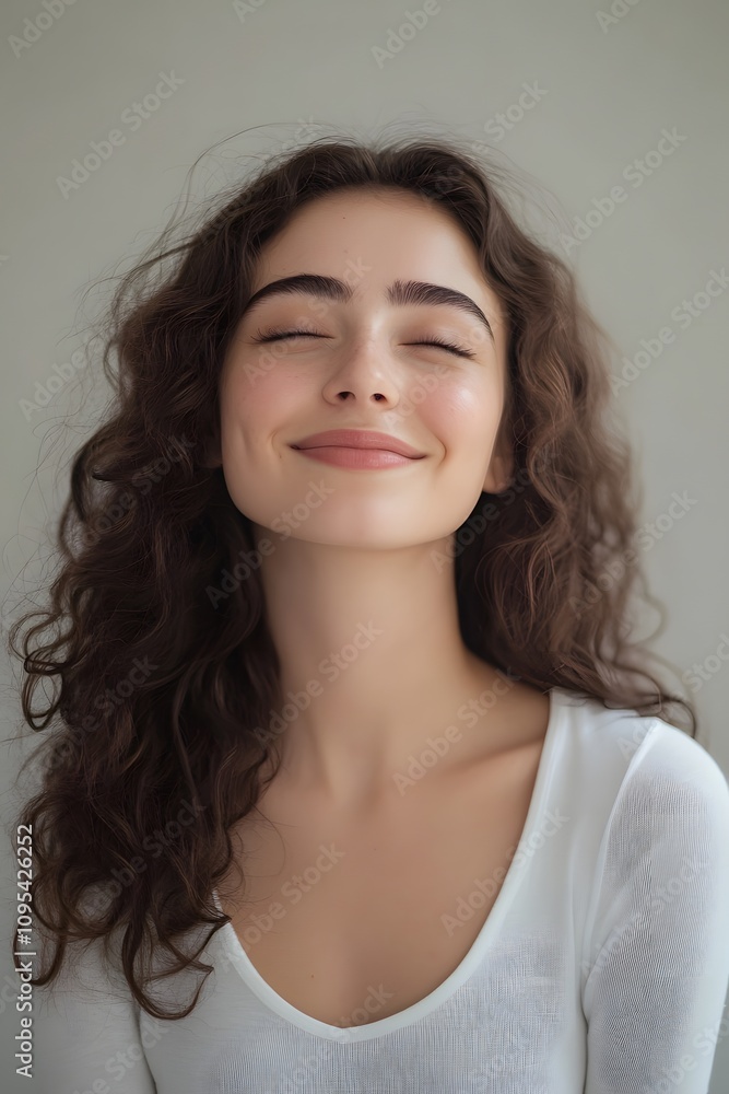 A confident young woman smiles gently showing her nature A confident young woman smiles gently showing her nature