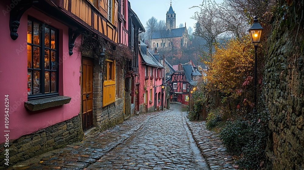 Fototapeta premium A narrow cobblestone street lined with colorful lit buildings at dusk.