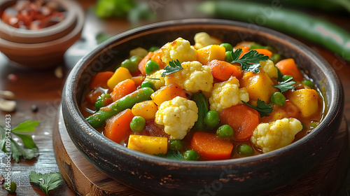 Mix vegetable curry Indian main course recipe contains Carrots cauliflower green peas and beans baby corn capsicum and paneercottage cheese with traditional masala and curry selective : Generative AI photo