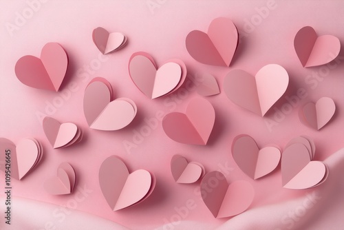 A festive Valentinea??s Day scene with paper cut hearts in various sizes and shades of pink, playfully scattered on a baby pink canvas. photo