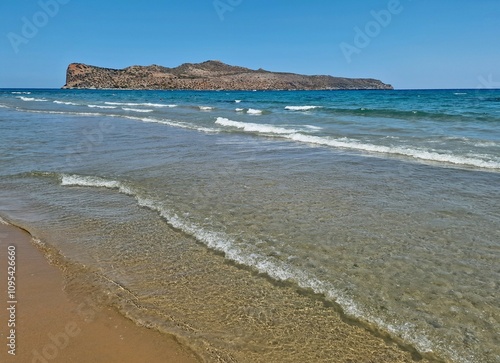 Sandy beach in Agia Marina resort on Crete, Greece, Europe.