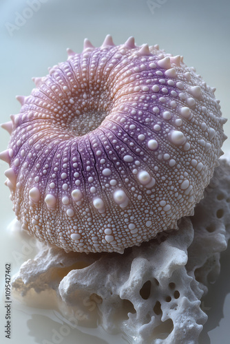 An artistic macro capture of a sea urchin shell fragment, highlighting its textured ridges and soft pastel tones, isolated on a pure white background,