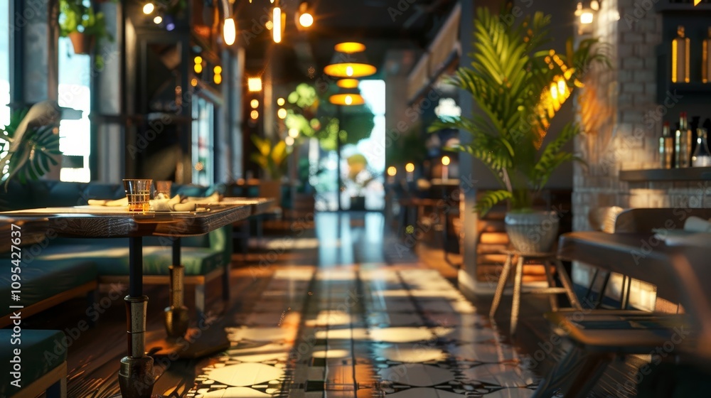 Vibrant restaurant ambiance with dynamic lighting and lively decor captured in depth of field Vibrant restaurant ambiance with dynamic lighting and lively decor captured in depth of field