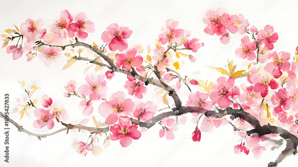 Naklejka premium Detailed high-resolution watercolor painting of chinese style pink plum blossom branch on white background. Blossoming Sakura Trees. Illustration