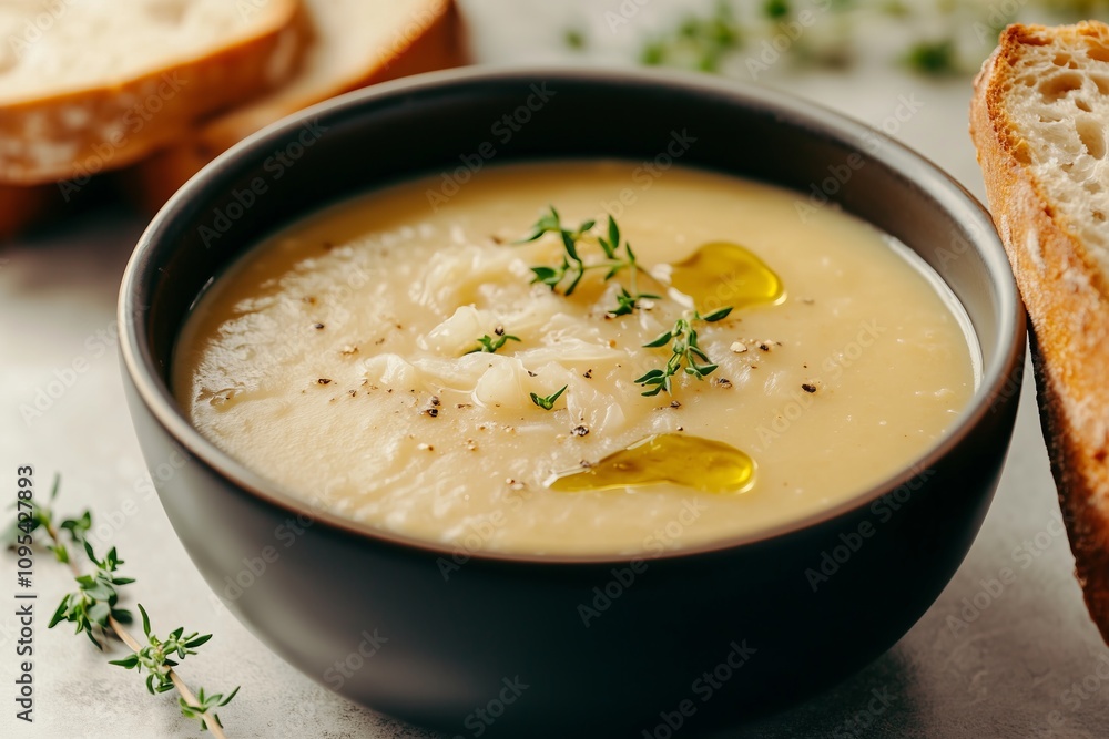 sauerkraut soup beautifully styled in a dark bowl with artisanal bread on the side, garnished with a drizzle of olive oil and sprigs of thyme sauerkraut soup beautifully styled in a dark bowl with artisanal bread on the side, garnished with a drizzle of olive oil and sprigs of thyme