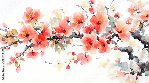 Fototapeta Naklejka Na Ścianę i Meble -  Detailed high-resolution watercolor painting of chinese style pink plum blossom branch on white background. Blossoming Sakura Trees. Illustration
