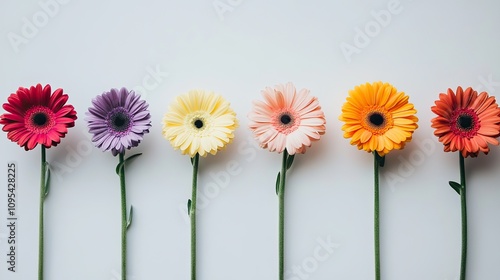 Six colorful gerbera daisies in a row different shades of red purple