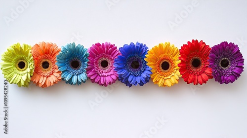 Six colorful gerbera daisies in a row different shades of red purple
