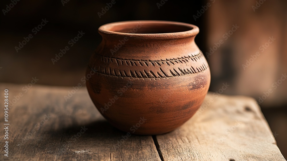 A round reddish brown clay pot with carved designs sits on a wooden surface.
A round reddish brown clay pot with carved designs sits on a wooden surface.