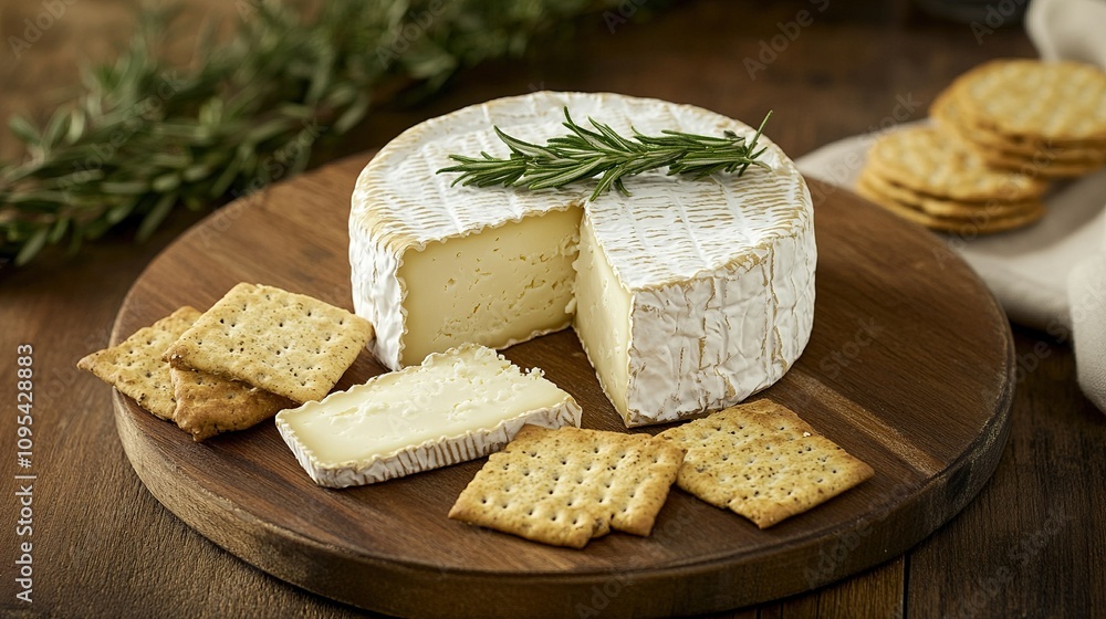 A round cheese, sliced, with rosemary sprigs