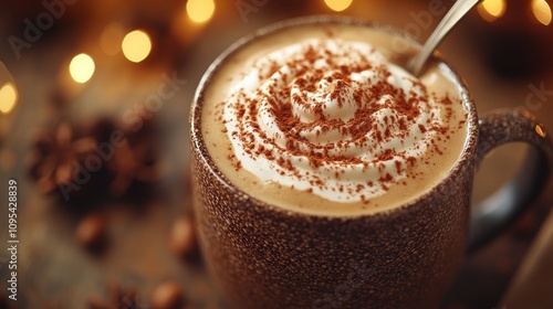 Fototapeta Naklejka Na Ścianę i Meble -  Warm spiced latte with whipped cream in rustic mug.