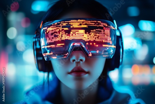 A focused woman dons an advanced VR headset, her face reflecting vibrant neon lights, symbolizing technology and digital immersion in a futuristic setting. photo