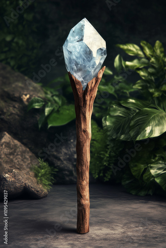 Enchanted wooden staff with large magical crystal in a lush forest setting photo