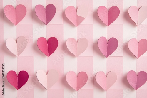 A playful yet elegant Valentinea??s card with a checkerboard pattern of paper cut hearts in alternating pink tones on a light pink background. photo