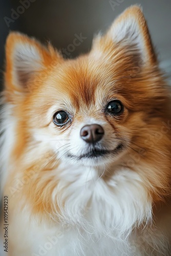 Playful pomeranian dog close-up indoor setting pet portrait warm lighting whimsical mood