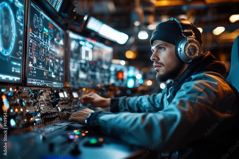 A man with headphones works intensely in a high-tech control room with multiple displays showing complex data, immersed in a futuristic digital environment. A man with headphones works intensely in a high-tech control room with multiple displays showing complex data, immersed in a futuristic digital environment.