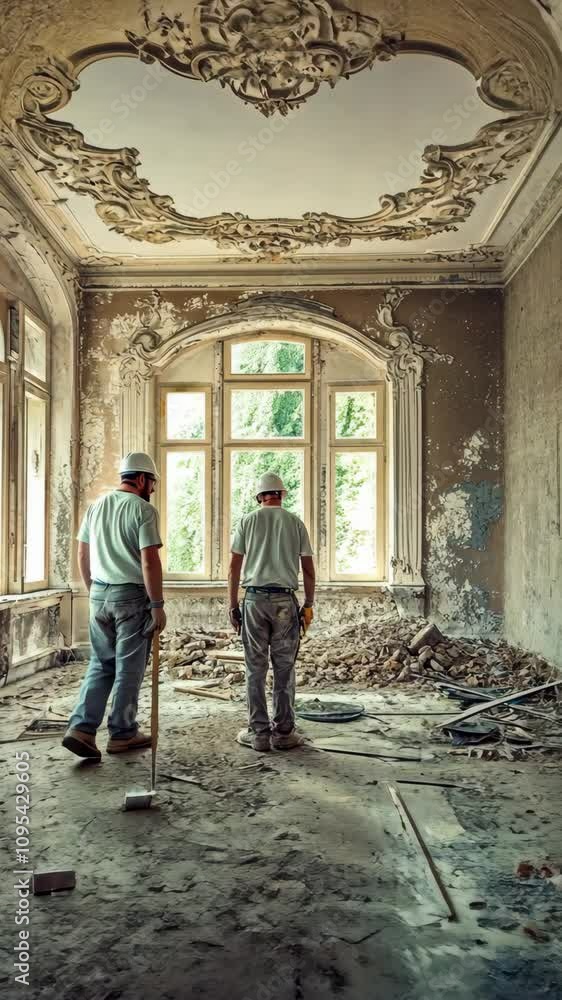 Two workers assess a dilapidated room with ornate details and debris in a historic building restoration effort Two workers assess a dilapidated room with ornate details and debris in a historic building restoration effort