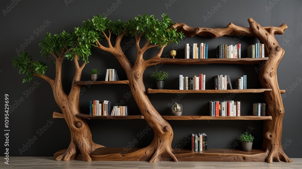 Obraz premium Wooden tree bookshelf with books and plants.