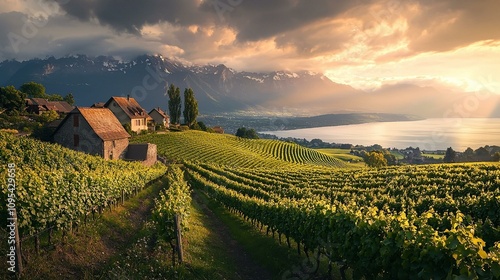 Sunset over vineyards lavaux switzerland landscape photography natural beauty scenic view