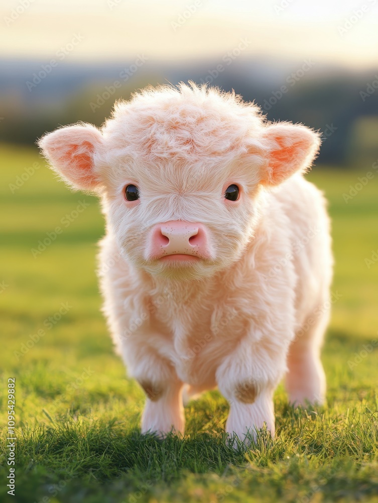 Fototapeta premium Fluffy white calf on green pasture 