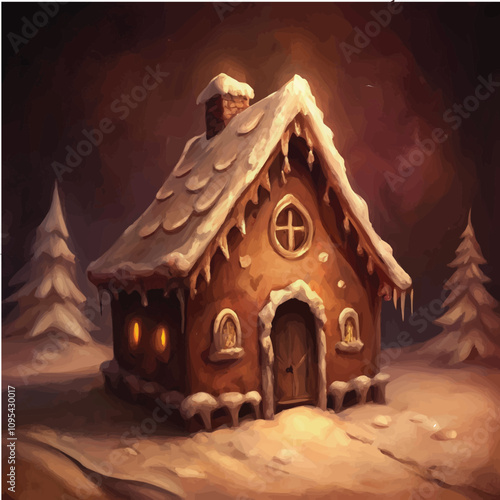 Cozy Gingerbread House with Snow-Covered Roof and Warm Glow