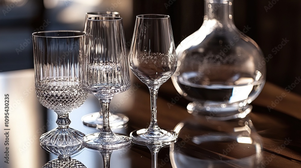 Many different crystal glasses and a decanter are arranged on a dark surface. Many different crystal glasses and a decanter are arranged on a dark surface.