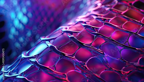 AI generated Futuristic 3D Metallic Mesh with Vibrant Purple, Pink, and Blue Tones, Featuring a Wavy and Reflective Abstract Design.