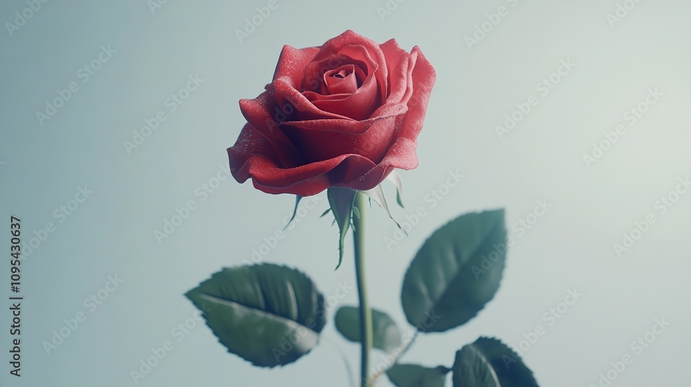 A single vibrant red rose with green leaves on a light gray background. A single vibrant red rose with green leaves on a light gray background.