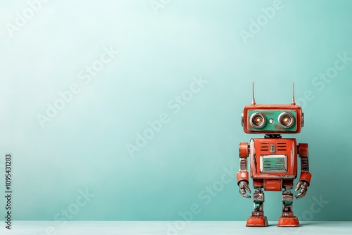 An iconic retro-style red robot stands tall against a teal background, showcasing vintage charm and technological simplicity, reminiscent of classic futuristic visions.
