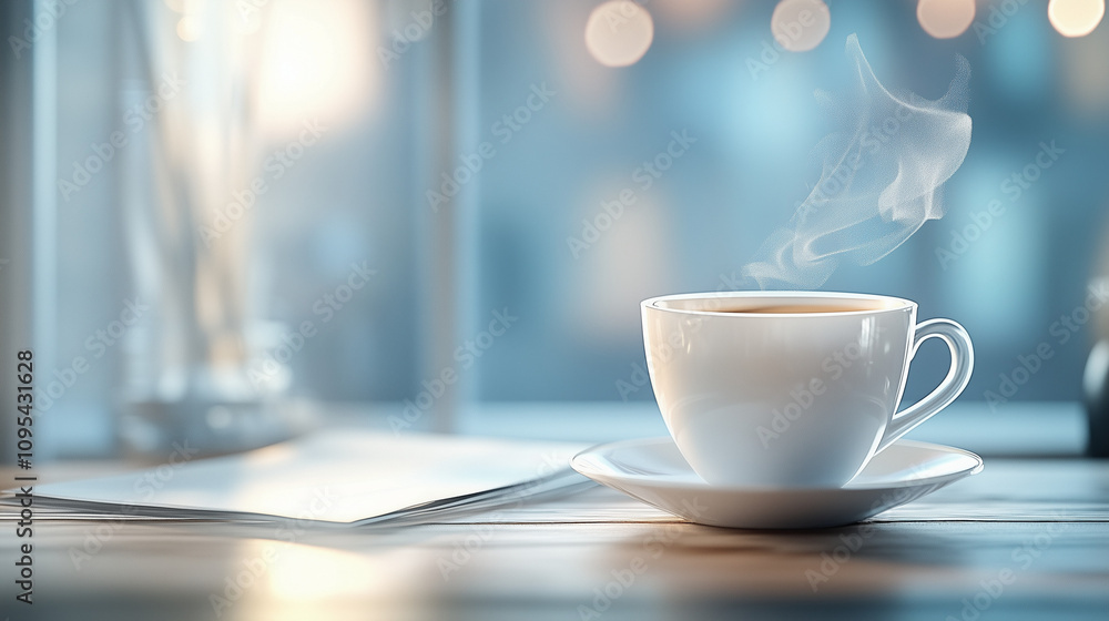 A steaming cup of white coffee on a wooden table by the window with soft morning light and bokeh, causing a slight sadness on a blue Monday A steaming cup of white coffee on a wooden table by the window with soft morning light and bokeh, causing a slight sadness on a blue Monday