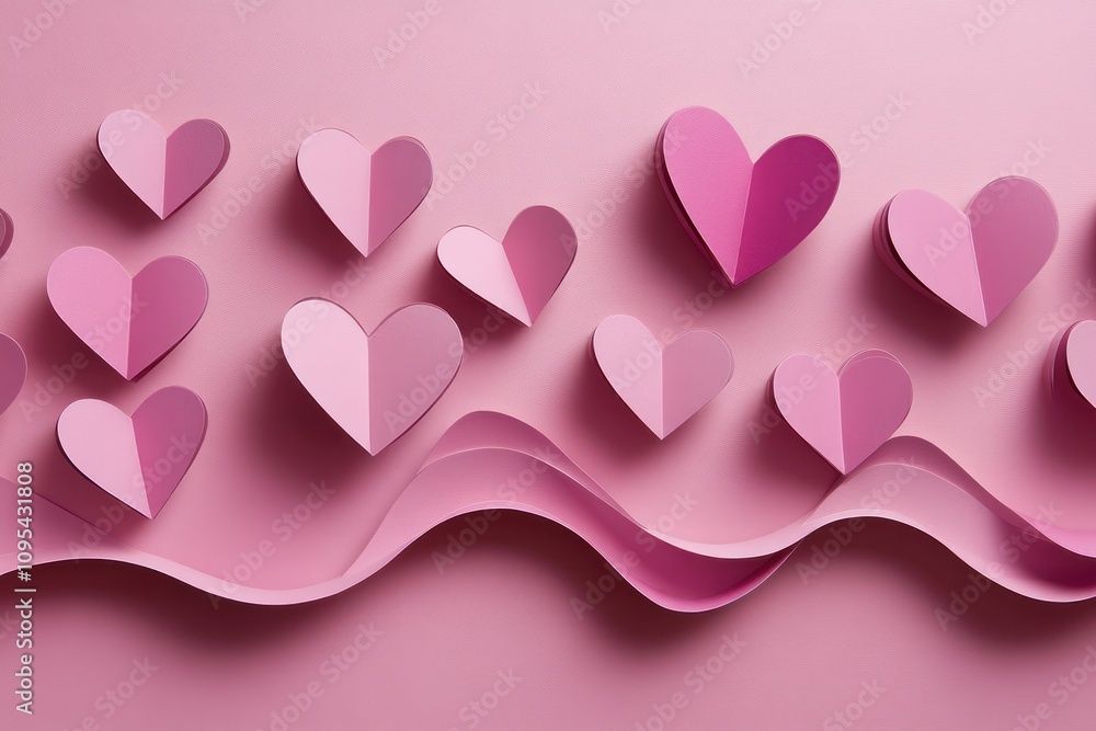 A Valentine's Day card showcasing a unique pattern of pink paper cut hearts arranged in a dynamic, flowing layout on a pink backdrop. A Valentine's Day card showcasing a unique pattern of pink paper cut hearts arranged in a dynamic, flowing layout on a pink backdrop.
