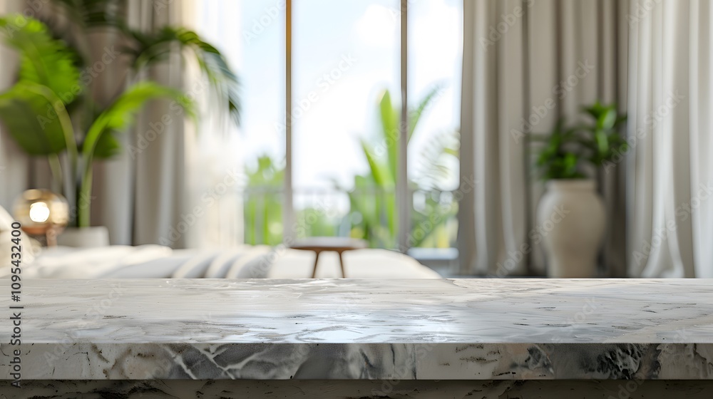 White marble countertop with blurred background of a living room with white curtains and plants. White marble countertop with blurred background of a living room with white curtains and plants.