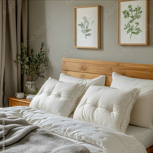 left viewA cozy bedroom with soft comfortable offwhite cushions placed on a wooden headboard The cushions have a raised texture and are placed neatly The bed is covered photo