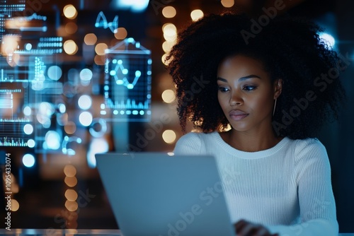 A young professional analyzes abstract digital graphs on her computer in a trendy office, epitomizing modern technological adeptness and analytical skills.