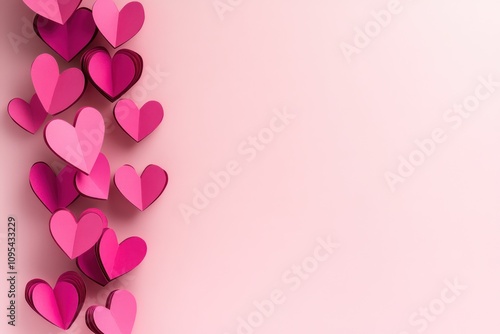 A vibrant Valentinea??s scene with a vertical cascade of paper cut hearts in rich pinks falling over a light pink backdrop.