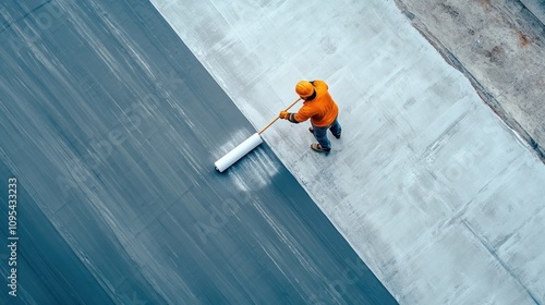 Aerial View of a Construction Worker Applying Waterproofing Membrane on a Rooftop