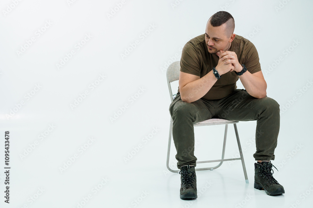 Thoughtful man sitting on a chair in casual outfit Thoughtful man sitting on a chair in casual outfit