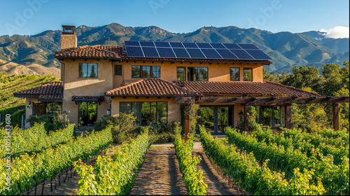 Modern tile roof home house with solar panels. Eco friendly, energy. Saving money on electricity. Sleek new mediterranean California southwest  photo