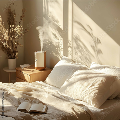 A sunny bedroom with a humidifier placed at the head of the bed photo