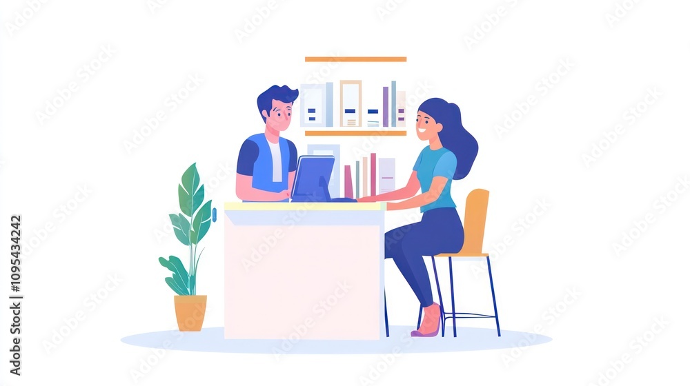 Friendly Consultation: Man and Woman Discussing at Desk Friendly Consultation: Man and Woman Discussing at Desk