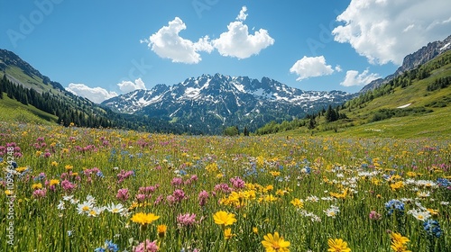 A wooden house sits in a field of colorful wildflowers