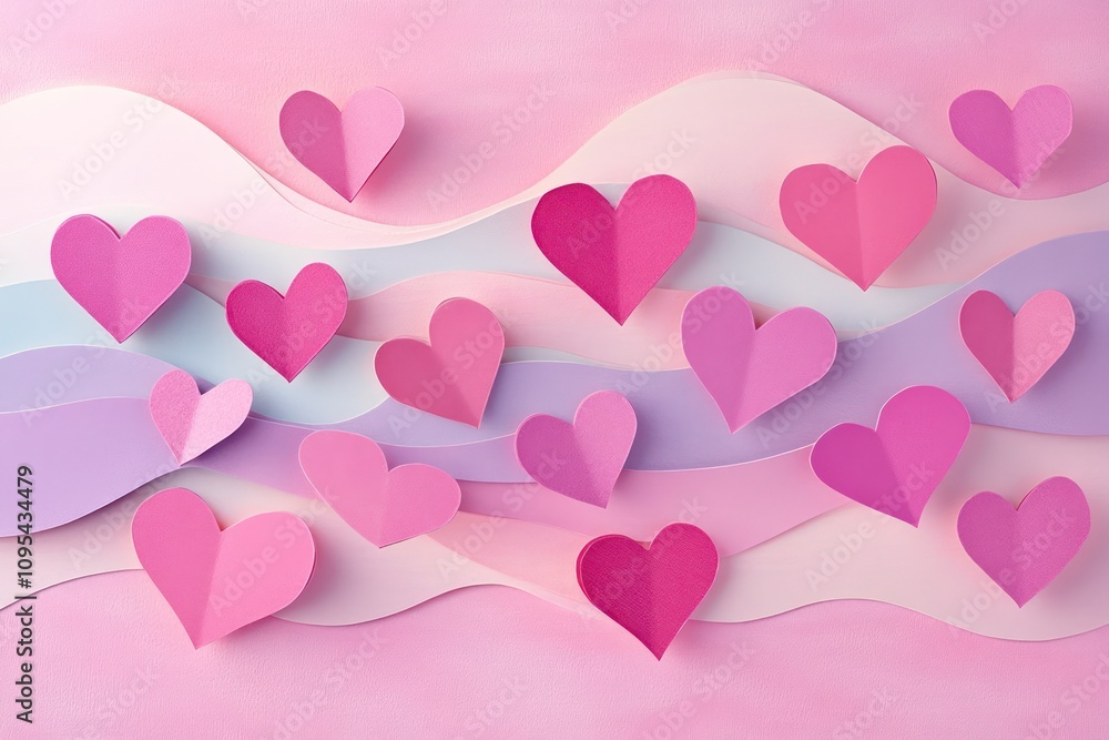 An artistic Valentine's card with hearts cut from different pink papers, arranged in a flowing pattern on a pinkish background. An artistic Valentine's card with hearts cut from different pink papers, arranged in a flowing pattern on a pinkish background.