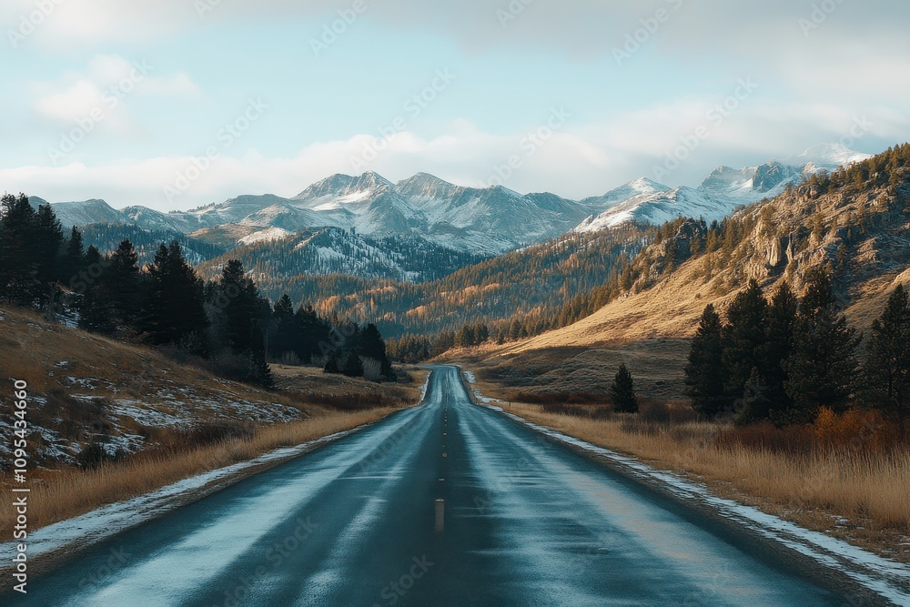 Fototapeta premium Scenic mountain road winding through valleys and peaks on a clear autumn day