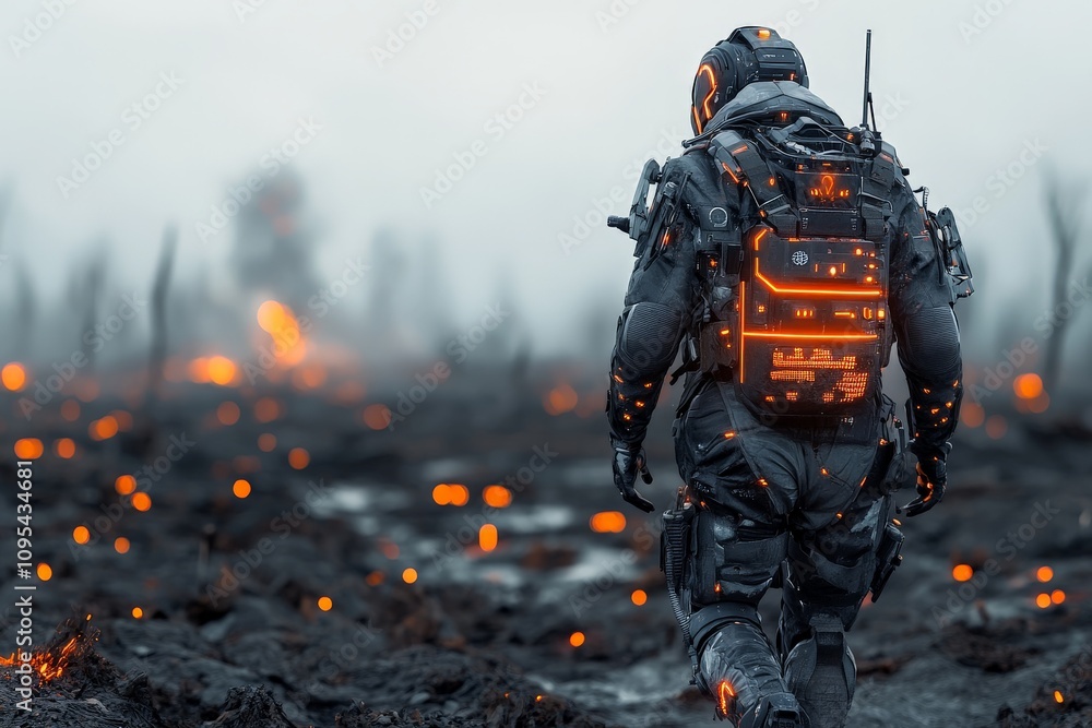 A futuristic soldier in high-tech gear explores a desolate landscape with fiery orange accents glowing brightly, suggesting an otherworldly setting. The mood is tense. A futuristic soldier in high-tech gear explores a desolate landscape with fiery orange accents glowing brightly, suggesting an otherworldly setting. The mood is tense.